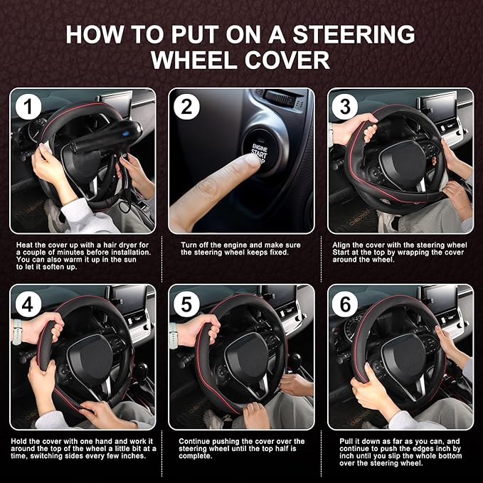 SEG Direct Steering Wheel Cover 14.5-15 inch (37-39 cm) Medium Size, Microfiber Leather, Non-Slip Comfortable Grip, Fits Cars