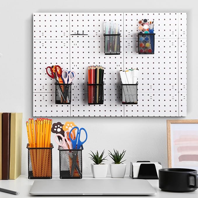 Colingmill 6 Sets Pegboard Cups with Hooks Pegboard Pencil Holder Bin Organizer Black Square Peg Board Accessories Metal Penc