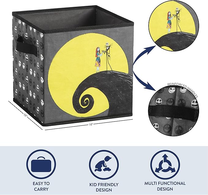 Nightmare Before Christmas Jack and Sally Set of 2 Durable Storage Cubes with Handles, 10"x10"x10" Cubes