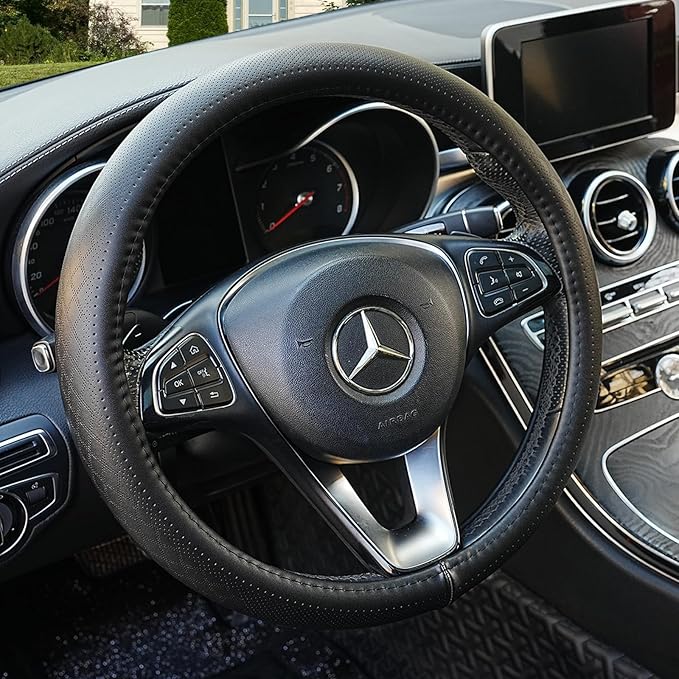 Black Genuine Leather Car Steering Wheel Cover Men Women,Cowhide Wheel Cover,Soft,Breathable,Anti-Slip,Luxury Steering Wheel 