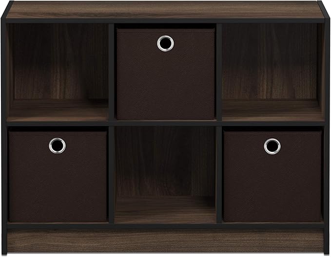 Furinno BASIC Book Shelf, 6-Cube Bookshelf with Open Shelf, 3 x 2 Bookcase with Storage Bins, Closed Back, Horizontal, 11.9 x