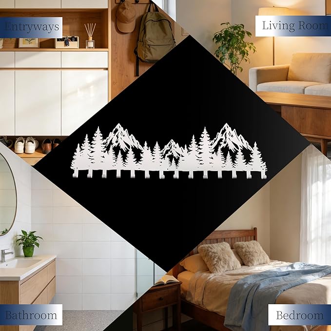 Large White Mountain Wall Mount with 14 Hooks, Decorative Forest Art Wall Hangerfor Cabin Entryway Front Door Bathroom Kitche