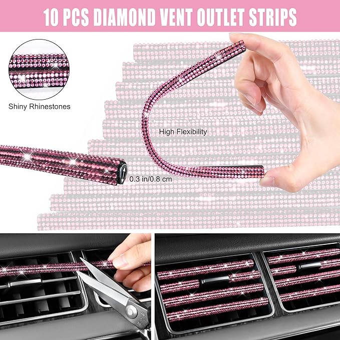 CAR PASS Bling Pink Car Accessories Set for Women, Sparkly Rhinestone Diamond Steering Wheel Cover Seat Belt Cushion Glitter 