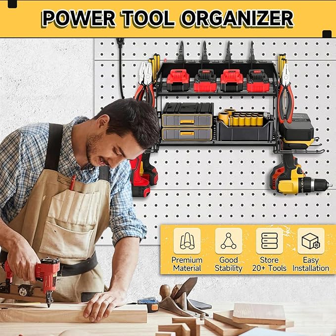 Power Tool Organizer Wall Mount, 2 Layers Heavy Duty 4 Cordless Drill Holder Tool Storage Rack with 8 Power Strip Battery Cha