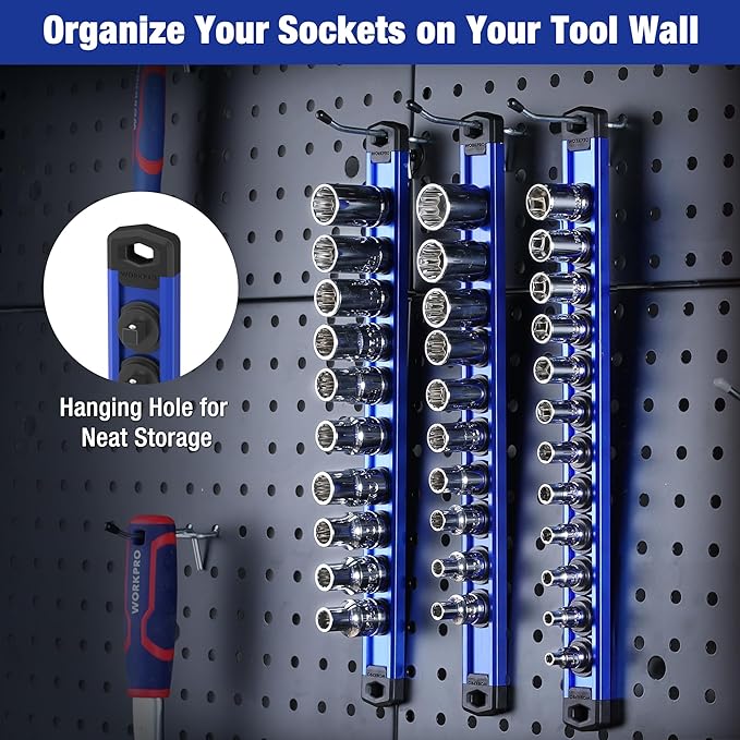 WORKPRO Magnetic Socket Organizer Set, 3-Piece Aluminum Alloy Socket Rail, Heavy Duty Socket Holder, Socket Rack Kit 1/4-Inch