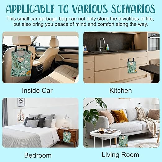 Car Garbage Bag Watercolor Floral and Green Leaves Drawstring Car Trash Bag Hanging for Back Seat with Adjustable Buckle Canvas Vehicle Trash Can Easy-to-Install