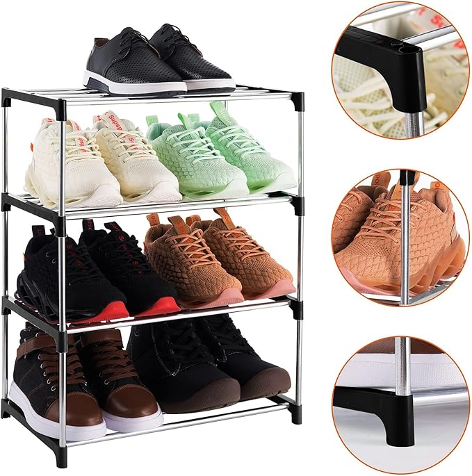 4-Tier Stackable Small Shoe Rack, Lightweight Shoe Shelf Storage Organizer for Entryway, Hallway and Closet(Black)