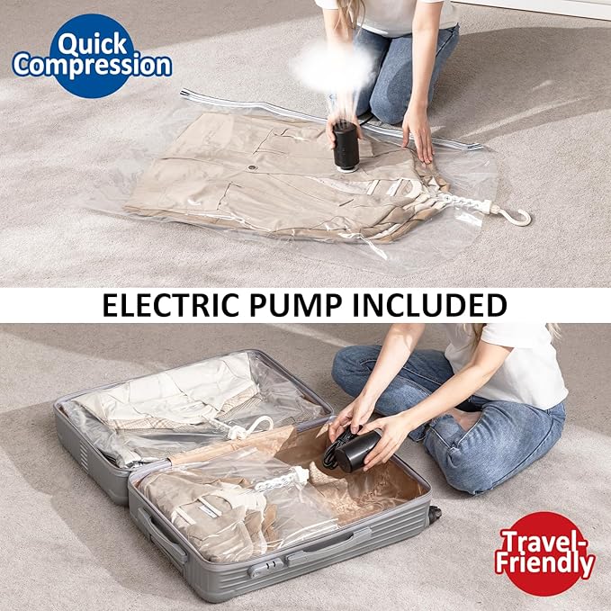 Hanging Vacuum Storage Bags, 4 Pack Hanging Storage Bags for Clothes With Electric Pump, Vacuum Sealed for Suits, Dress, Jack