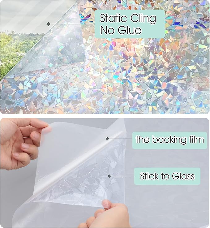 STATINT Privacy Window Film,Decorative Stained Glass Film,Rainbow Static Cling Heat Control Non-Adhesive Window Stickers for Home Door Decals,17.3 Inch X 13.1 Feet