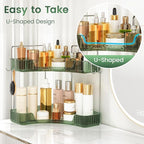 Corner Counter Organizer, 2-Tier Bathroom & Kitchen Storage Tray with Hooks | PET Green Vanity Organizer for Skincare, Makeup
