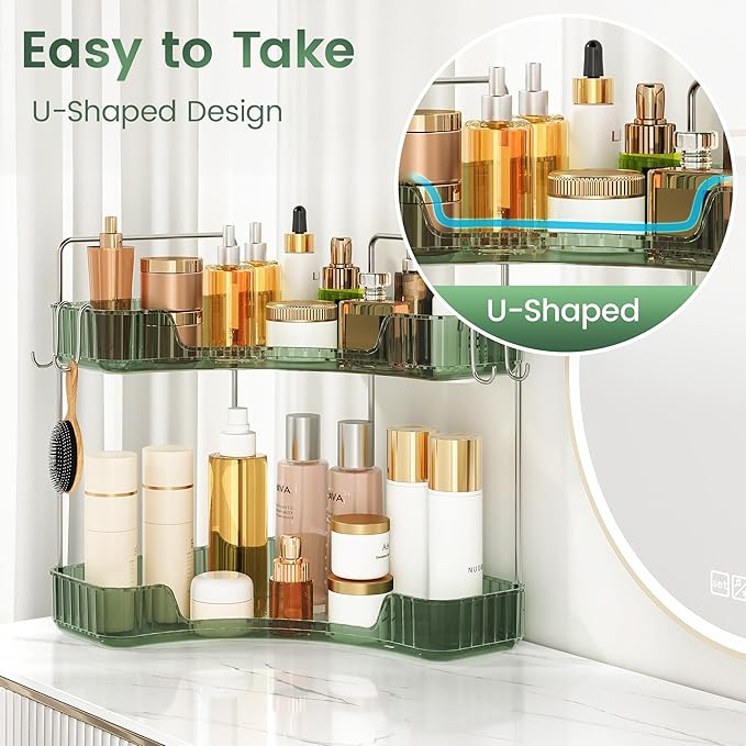 Corner Counter Organizer, 2-Tier Bathroom & Kitchen Storage Tray with Hooks | PET Green Vanity Organizer for Skincare, Makeup