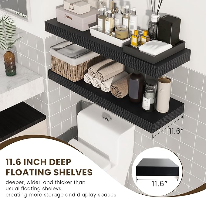 Deep Floating Shelves | 36 Inch Black Floating Shelves Set of 2 | 12 Inch Deep Rustic Wood Shelves for Wall | 36" W x 12" D B