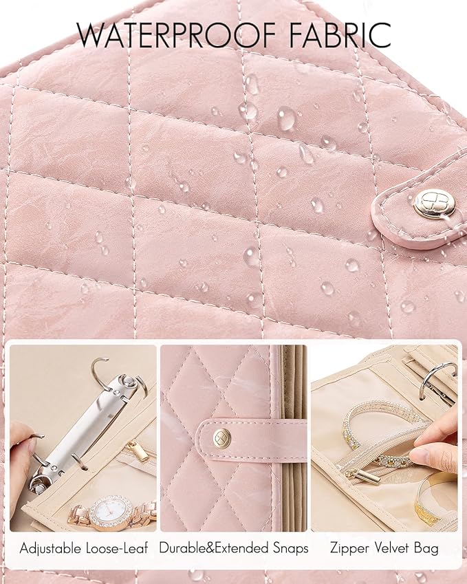 Vlando Travel Jewelry Organizer Case,Jewelry Storage Book Ring Binder with Clear Zipper Velvet Pouch Bag for Travel Essential