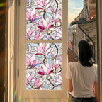 Niviy Window Clings Pink Magnolia Stained Glass Window Film, Sun Protection Decals for Car Moonroof, Static Cling Rainbow Sticker Covering for Home Door (16.93 x 39.37inch)