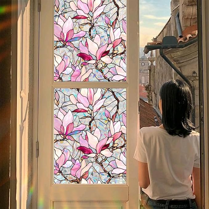 Niviy Window Clings Pink Magnolia Stained Glass Window Film, Sun Protection Decals for Car Moonroof, Static Cling Rainbow Sticker Covering for Home Door (16.93 x 39.37inch)
