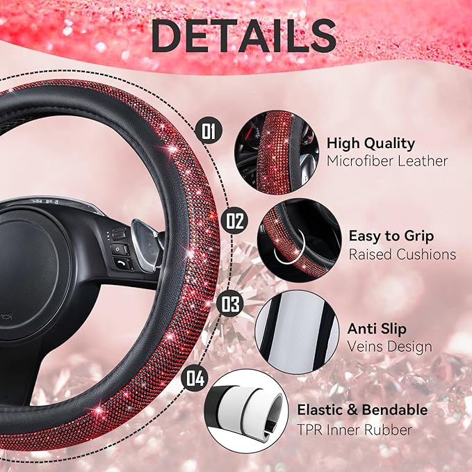 CAR PASS Bling Diamond Leather Steering Wheel Cover 14.5in-15in Floor Mats Shining Rhinestone Carpet Sparkly Glitter Crystal Anti-Slip Pad Fit Automotive SUV Pickup Truck Girl Women, 5pcs Black Red