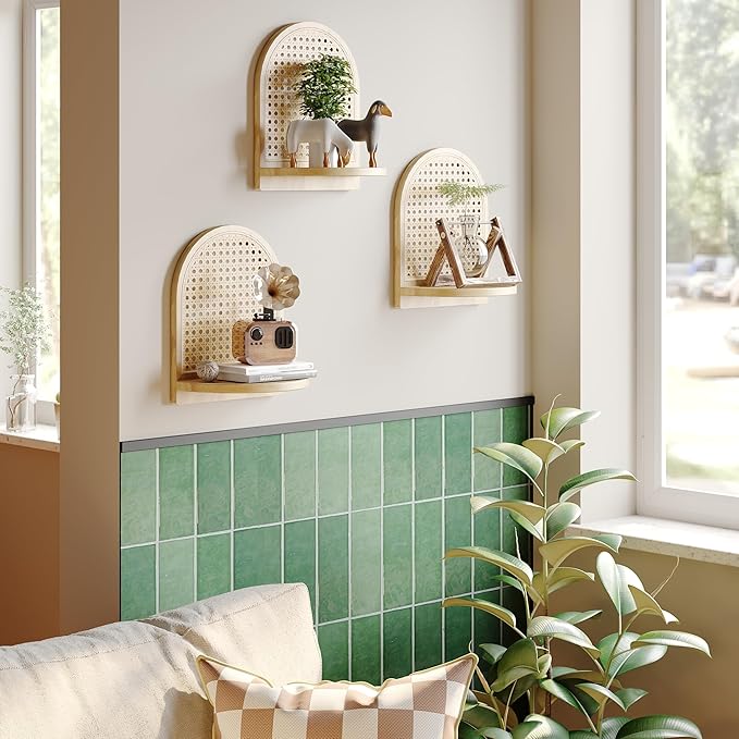 Rattan Wall Shelf Set of 3, 7''Natural Rattan Shelves with Wicker Decor, Boho Decor Small Floating Shelves for Wall, Arched S