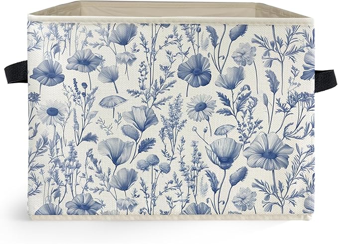 Blue and White Floral Storage Box Bins, Chinoiserie Flower Botanical Collapsible Storage Basket Organizer for Bedroom Laundry