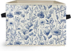 Blue and White Floral Storage Box Bins, Chinoiserie Flower Botanical Collapsible Storage Basket Organizer for Bedroom Laundry