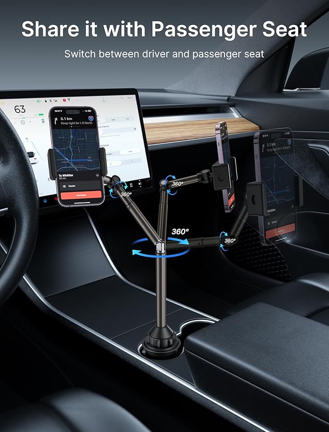 JSAUX Car Cup Holder Cellphone Mount, Metal Long-Arm Ultra Stable Phone Holder for Car Cupholders - Adjustable for iPhone 16 