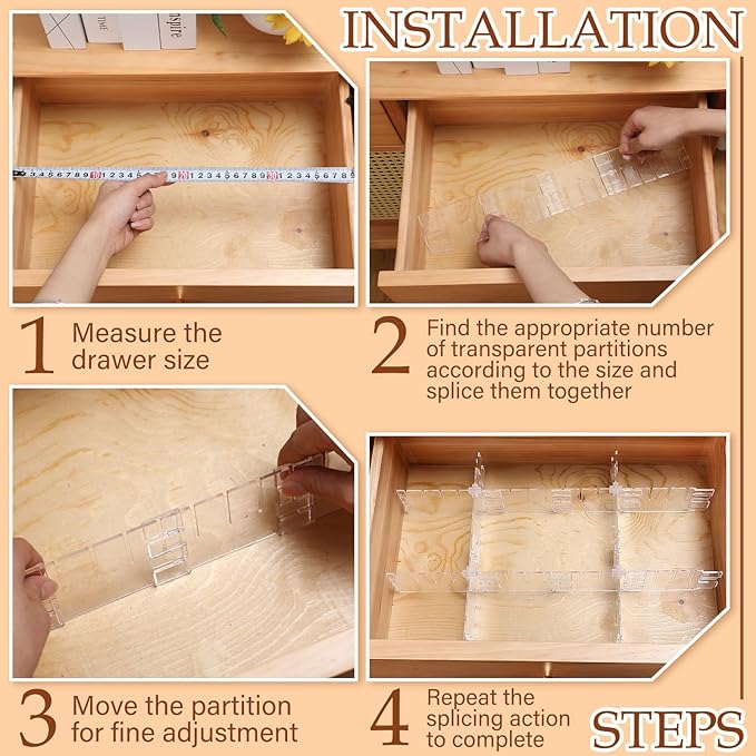 45 Pcs Adjustable Clear Drawer Dividers with Fixed Buckle DIY Plastic Drawer Organizer Box Dividers Back to School Gift for S