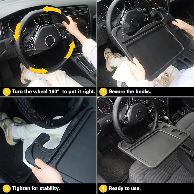 4 in 1 Car Steering Wheel Tray with Dual Sauce Dip Holder and Tablet Holder,Car Table Food Trays for Eating,Driver Desk Fit Most Auto Vehicle Steering Wheels (Black, Large)