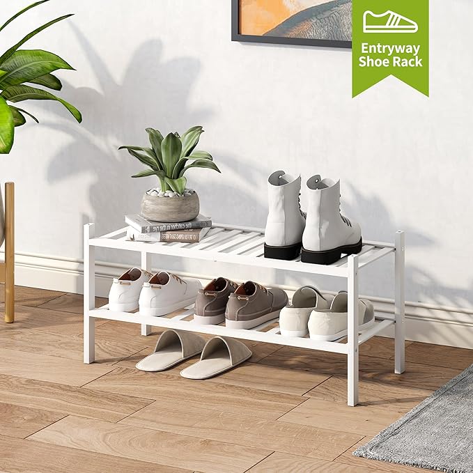 BMOSU 2-Tier Bamboo Shoe Rack Premium Stackable Shoe Shelf Storage Organizer for Hallway Closet Living Room Entryway Organize