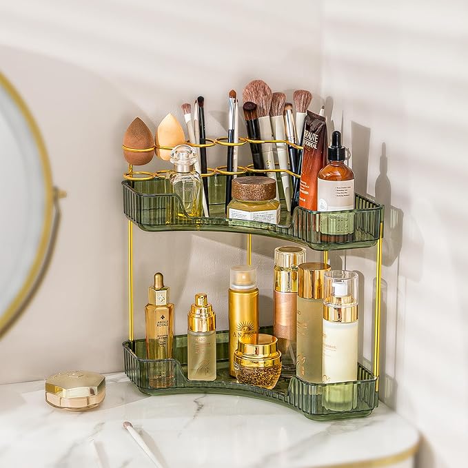 shuang qing Upgraded 2-Tier Corner Bathroom Countertop Organizer – Spacious Storage for Makeup, Skincare & Perfumes, Built-in
