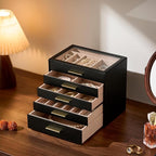 pickpiff Jewelry Box Organizer Case for Women: 5-Layer Jewelry Storage Case with Glass Window, Black Leather with Blush Velve