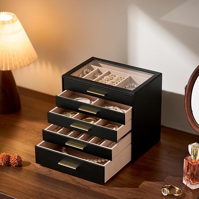 pickpiff Jewelry Box Organizer Case for Women: 5-Layer Jewelry Storage Case with Glass Window, Black Leather with Blush Velve