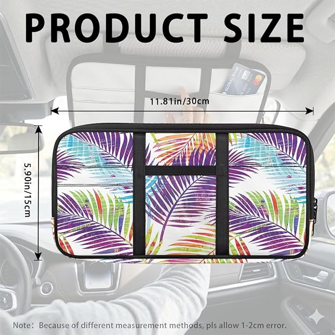 Tactical Sun Visor Organizer,Tropical Leaves Scratch-Resistant Auto Sunshade Organizer Bag with Double Zippers Truck SUV Storage Pouch Holder