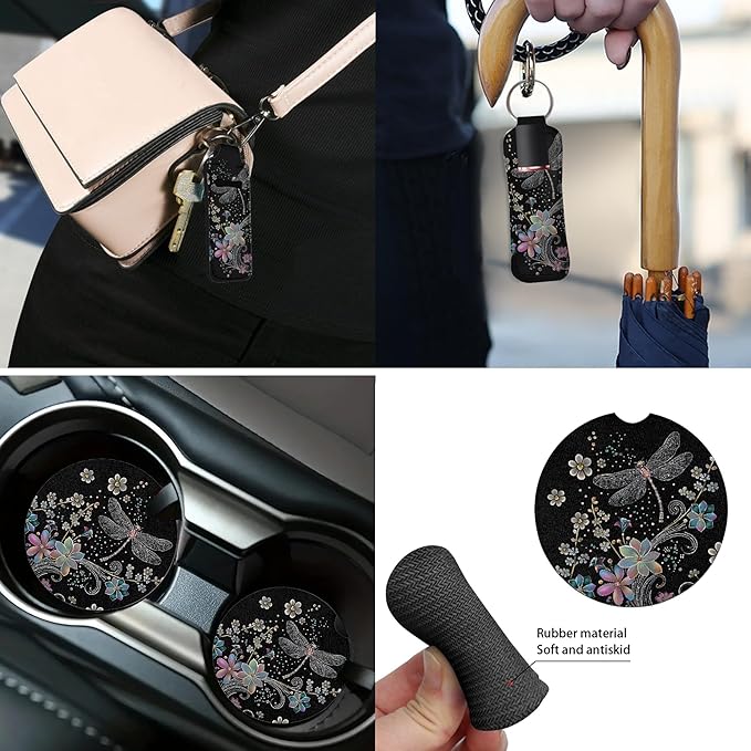 Dragonfly 13 Pcs Auto Seat Cover Sets Steering Wheel Cover Seatbelt Pad Floral Armrest Cover Pad Cup Holders Keychain Chapstick Holder for SUV Van Sedan Truck