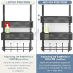 Adjustable Over The Door Hooks Organizer, Door Hanger Coat Rack with 2 Mesh Baskets and 10 Hooks, Back of Door Storage Organi