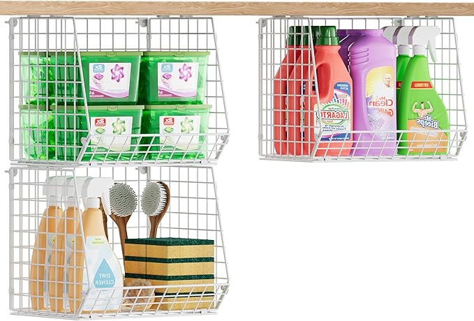 3 Pack Screw Mount Under The Wooden Shelf Laundry Room Organizer: Foldable Wire Basket Space Saving Over The Washer and Dryer