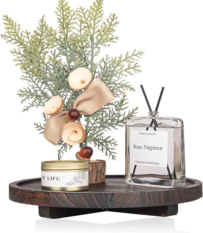 Round Decorative Tray Wood Bathroom Counter Organizer Farmhouse Kitchen Decor Wooden Riser for Soap Dish, Perfume, Candle, Sp