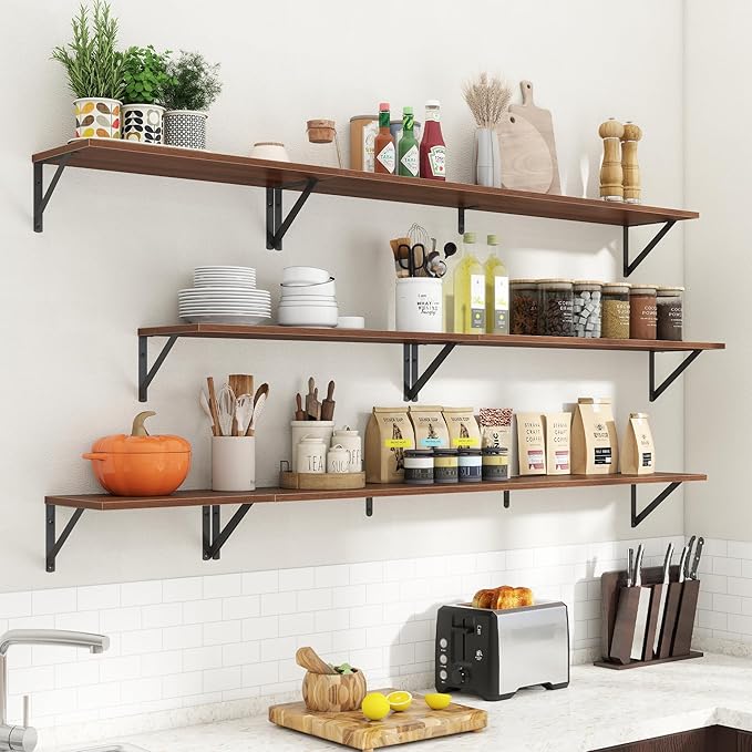 8" Deep Floating Shelves for Wall,16 inch Wood Wall Shelves Set of 2,Wide Floating Bookshelf with Sturdy Metal Brackets,Hangi