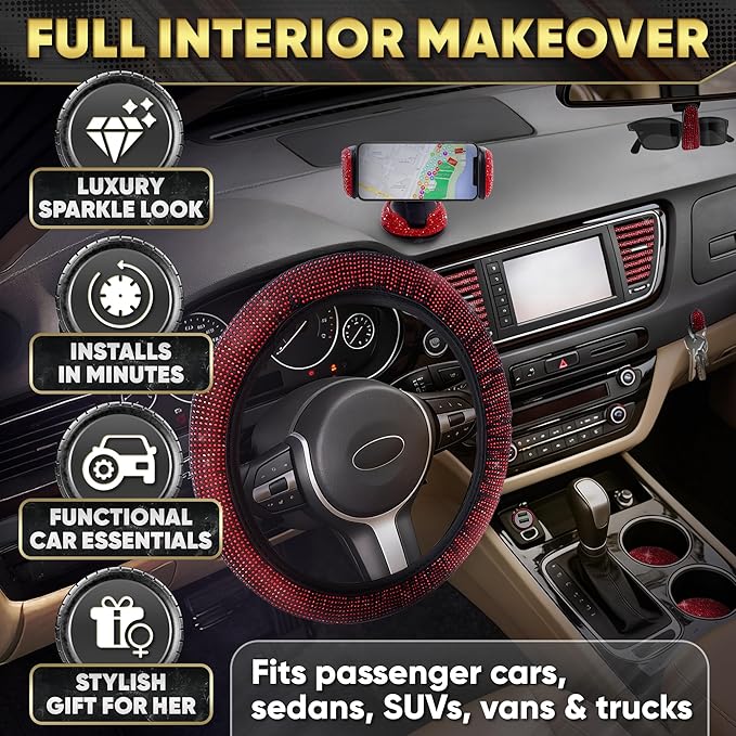 Red Bling Car Accessories Set, 27 Pieces Car Interior Set Including Steering Wheel Cover, Diamond License Plate Frame, Phone Holder, Coasters, Hooks, Great Gift for Women Drivers