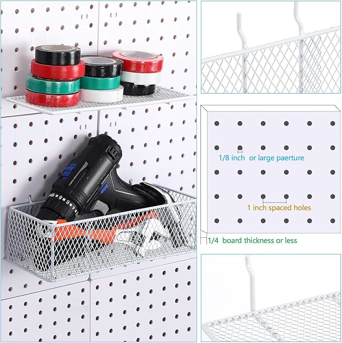 Hicarer 8 Pack Pegboard Baskets and Peg Board Racks Set, Pegboard Hooks, Square Style Wire Shelf Baskets, for Organize Tools,