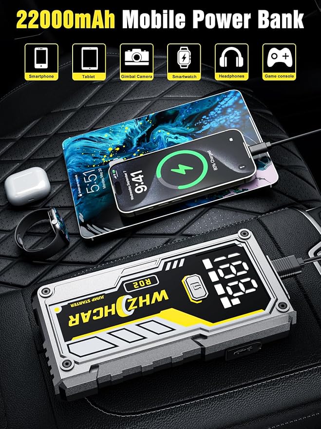 Car Battery Jump Starter 5000A Smart Portable Car Jump Starter Battery Pack (10.0 Gas/9.0L Diesel) 12V Safe Car Jumper with LCD Display Extended Jumper Cables, Fast Charge LED Light