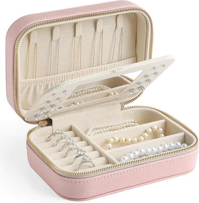 Genuine Leather Travel Jewelry Organizer Case with Mirror for Women, Small Mini Portable Jewelry Box for Ring Earrings Neckla
