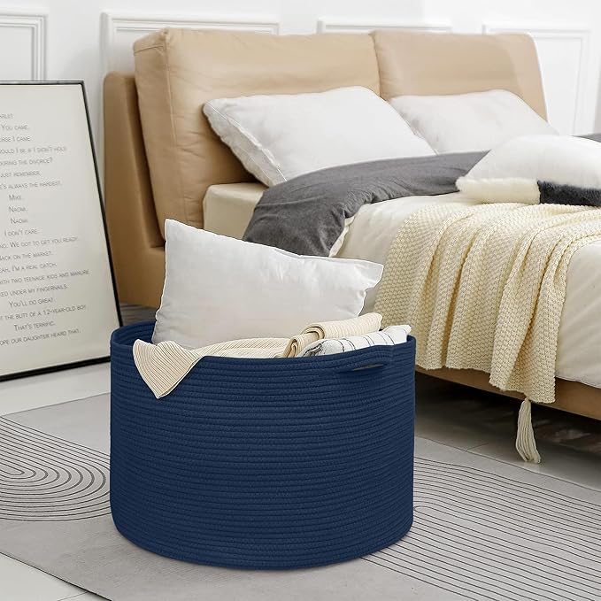 MEGASKET Dark Blue Basket for Organizing, 22" x 14" Extra Large Woven Cotton Rope Laundry Basket, Blanket Storage for Living 
