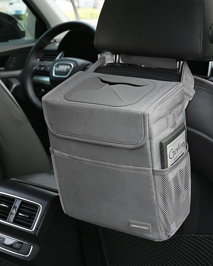 Car Trash Can Cute - Car Accessory for Garbage and Storage, Adjustable and Collapsible Car Garbage Can, Waterproof and 100% Leak-Proof Car Trash Bin with Lid, 2 Gallons (Leopard-Print Gray)