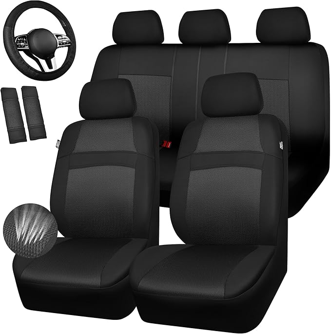 CAR PASS Universal 13PCS 3D Air Mesh Car Seat Covers -100% Breathable Seat Covers Full Sets Steering Wheel and Belt Cover Airbag and Rear Split Bench Compatible for Automotive SUV Truck (Pure Black)