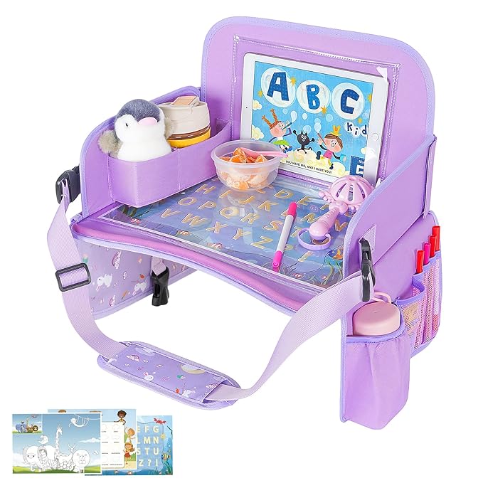 MENZOKE Kids Travel Tray for Toddler Car Seat, Toddler Gift for Girl Activities with Dry Erase Board & iPad Holder Stand, Roa