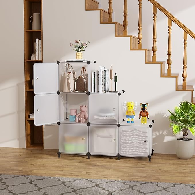 Cube Storage Organizer, 6-Cube Shelves Unit with Doors, DIY Stackable Plastic Clothes Organizer for Bedroom and Under Stairs 