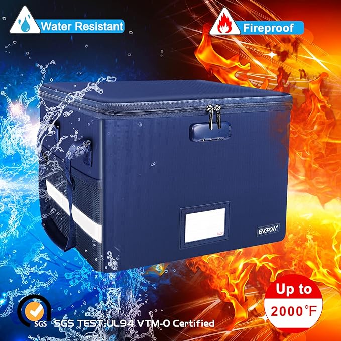 ENGPOW File Box with Lock, Fireproof Document Box with Pockets, Collapsible File Organizer Filing Storage Cabinet with Handle