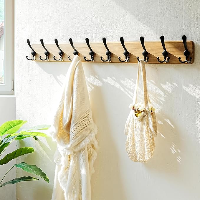 Dseap Coat Rack Wall - Heavy-Duty 38-1/4" Long, with Reinforced 10 Custom Tri-Hooks, Solid Wood Wall Hanger for Coats Hat Jac
