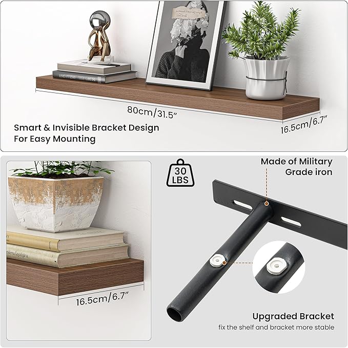 Heimlove Floating Shelves for Wall 32 Inch,Mounted Storage Wood Shelves with Invisible Brackets Hanging Shelf for Bedroom Liv