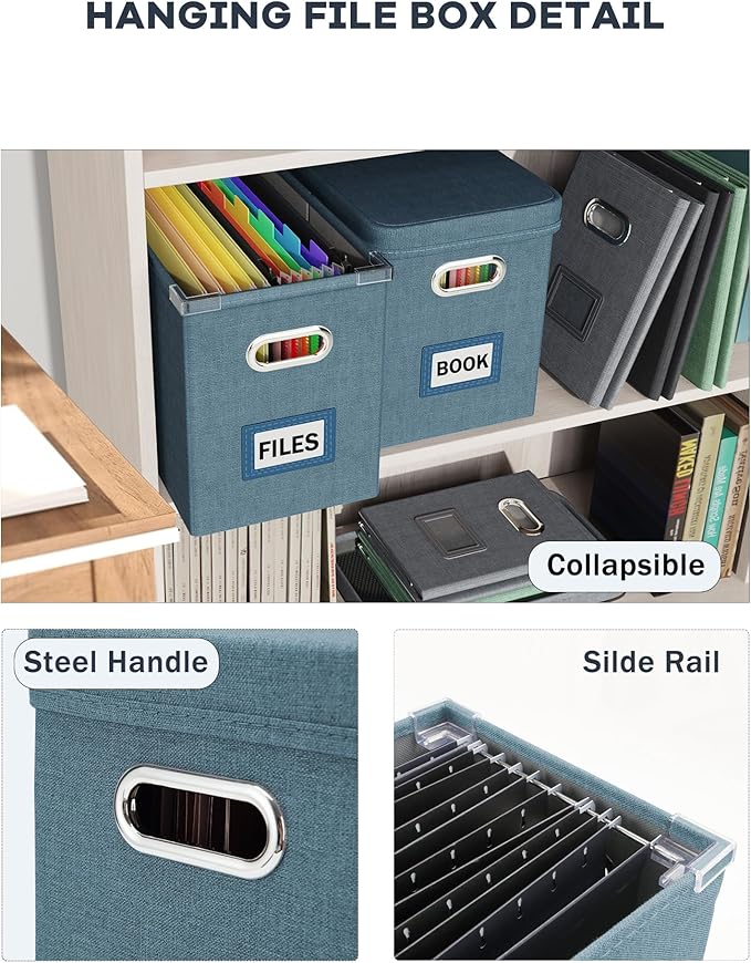 Oterri File Organizer Box with Lid, Hanging Filing File Box with Mesh Pocket, Document Organizer Box for Letter Files, Portab