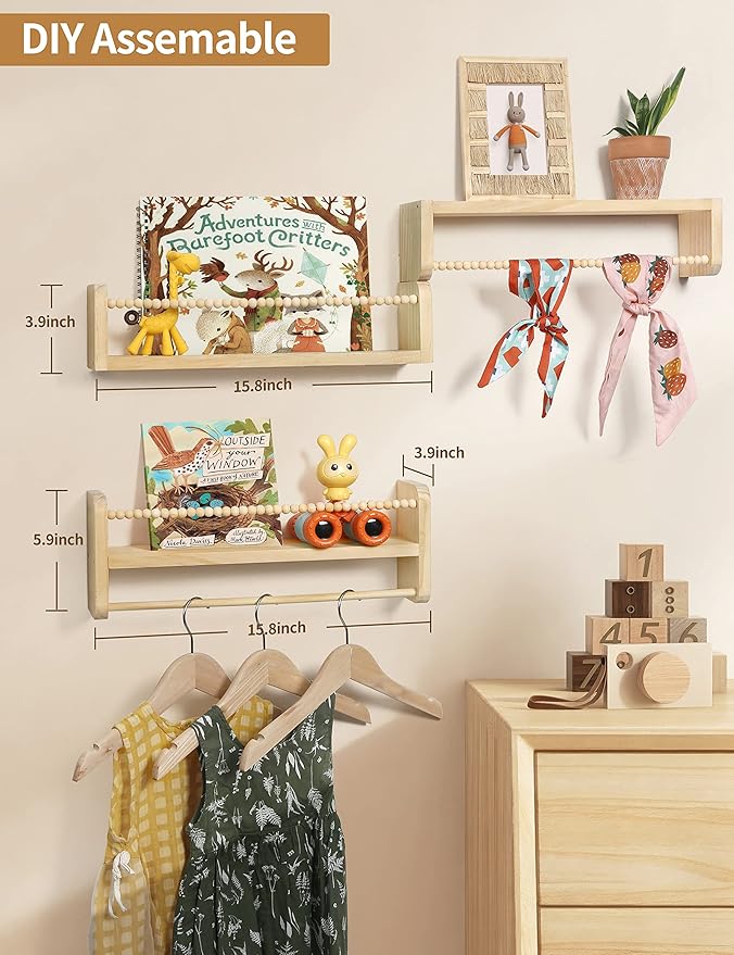 Maxpeuvon Nursery Floating Shelves for Wall, Set of 3 Book Shelves Natural Wood Wall Mounted Organizer with Towel Bar Hanging